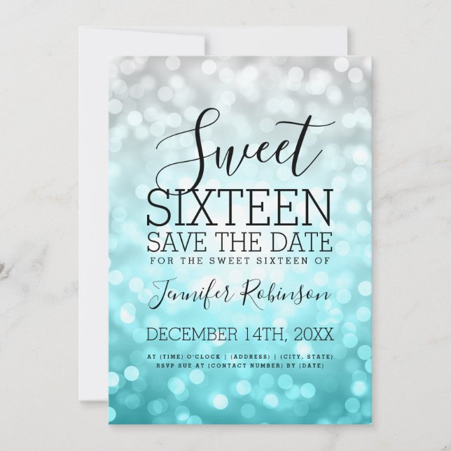 Save The Date Lumières de Parties scintillant Turquoise Sweet 16 (Devant)