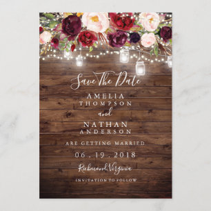 Save The Date Lumières Florales Bourgogne Bois Rustique Enregist