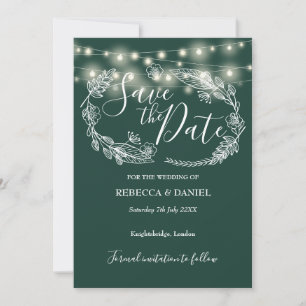 Save The Date Lumières Guirlandes Florales Émeraude Vert Mariage