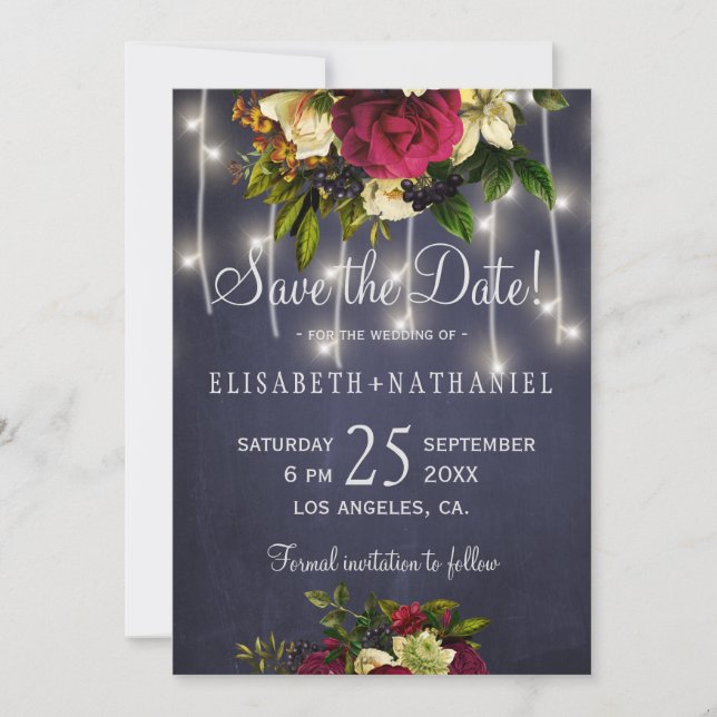 Save The Date Lumières rustiques d'hiver marine bordeaux mariage (Devant)