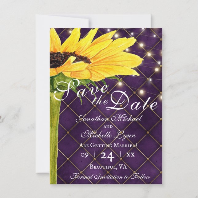 Save The Date Lumières tournesol et cordes sur Mariage pourpre (Devant)