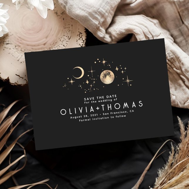 Save The Date Lune de nuit étoilée céleste noir Enregistrer la d (Black Celestial Save the Date Card)