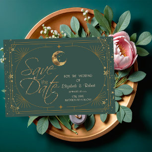 Save The Date Lune étoiles cadre or céleste vert