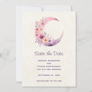 Save The Date Lune rose Croissant avec Jolie Fleurs Mariage
