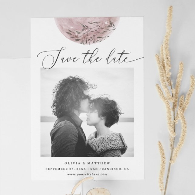 Save The Date Lune rose pâle mystique | Mariage de script élégan (Créateur téléchargé)