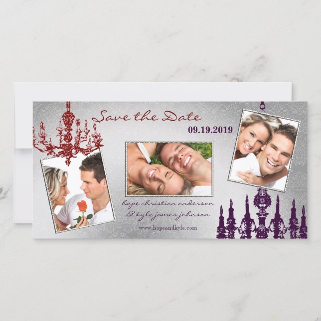 Save The Date Lustre en damas d'argent rouge & prune violet (Devant)