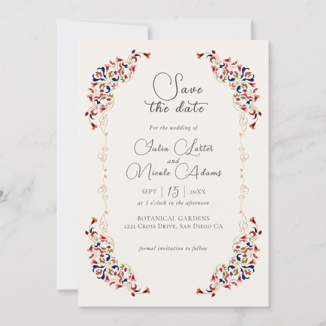 Save The Date Luxe Artistique Botanique Floral Mariage Paisley (Devant)