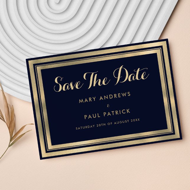 Save The Date Luxe design moderne marine bleu or Enregistrer la  (Luxury stylish modern navy blue gold Save The Date)