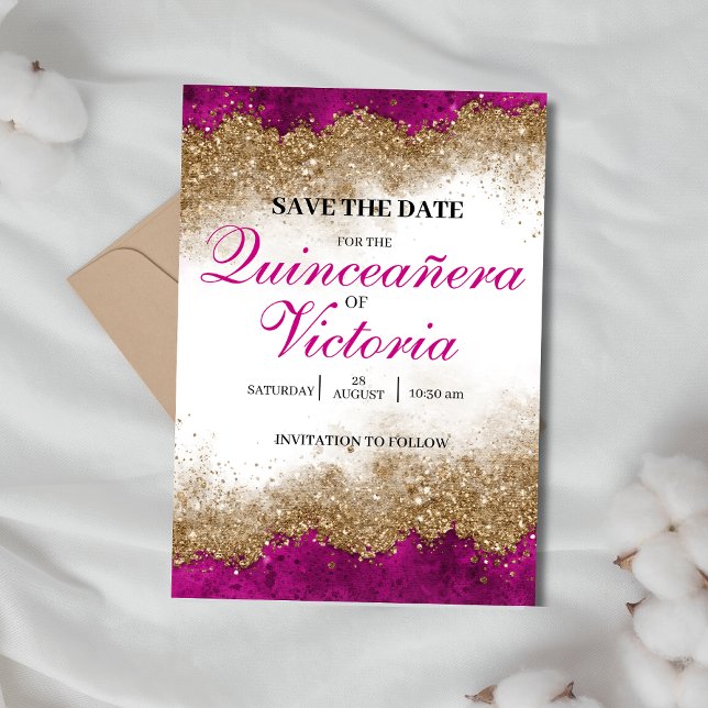 Save The Date Luxueux Fuchsia Hot Pink & Gold Quinceañera (Créateur téléchargé)