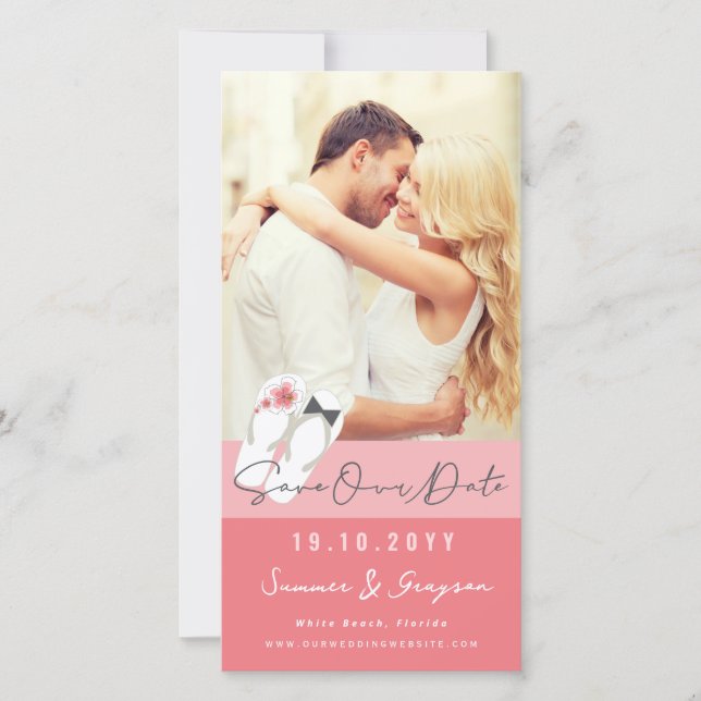 Save The Date M. Et Mme Flip Flops Pink Hibiscus Beach Photo (Devant)