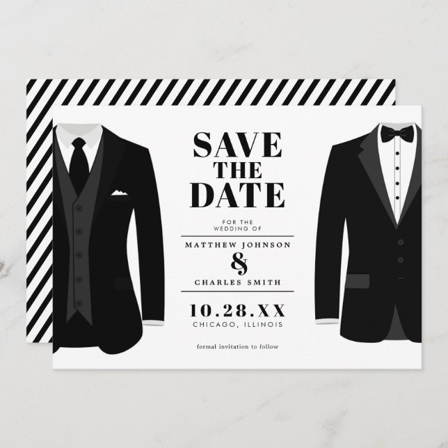 Save The Date M. & M. Mariage Moderne Tux Noir - Économisez la D (Devant / Derrière)