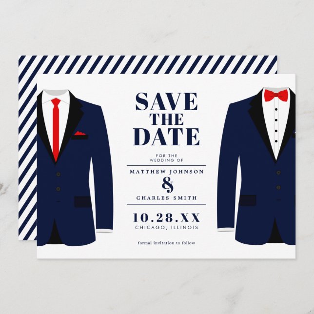 Save The Date M. & Mr. Modern Mariage Navy Tux - Enregistrer la  (Devant / Derrière)