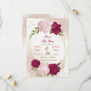 Save The Date magenta fleurs roses feuilles verts
