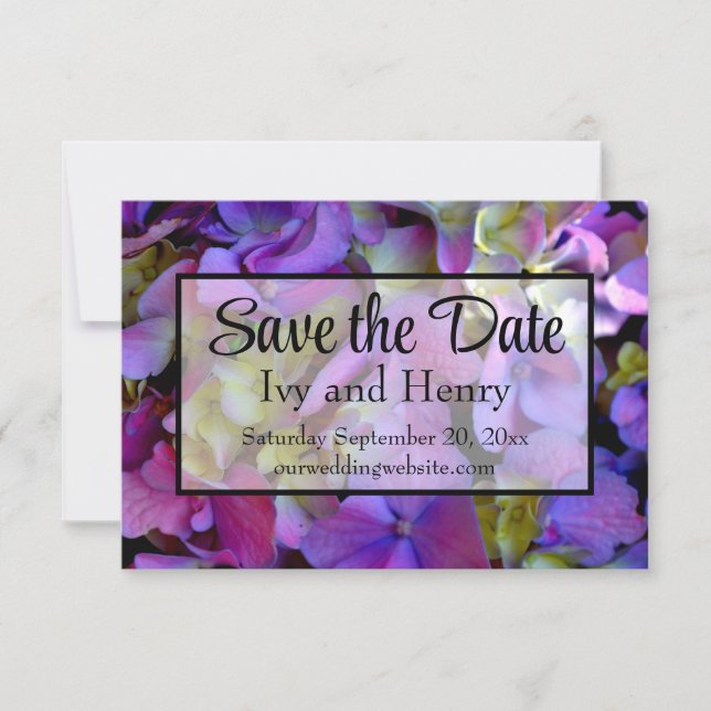 Save The Date Magenta Purple bleu jaune Hydrangeas fleurs (Devant)