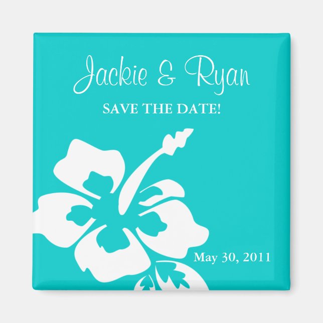 Save the Date Magnet Beach Wedding Hibiscus Blue (Front)