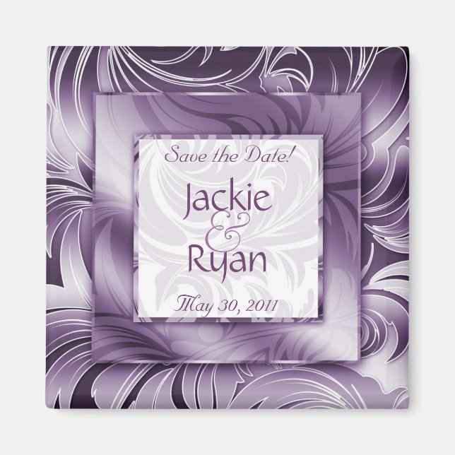 Save the Date Magnet Floral Leaf Purple Silver SQ (Front)