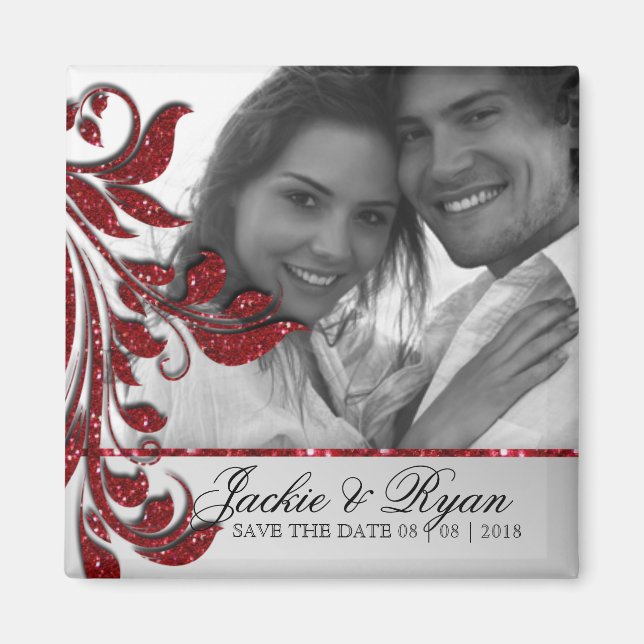 Save the Date Magnet Photo Red Sparkle (Front)