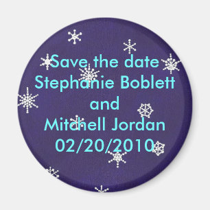 Save the date magnet, snowflakes on navy blue magnet
