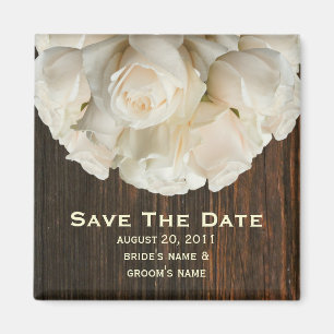 Save The Date Magnet - White Roses & Barnwood