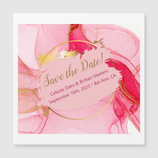 Save The Date Magnetic Card in Pink and Gold (Front)
