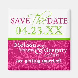 Save The Date Magnets Hot Pink Damask Green