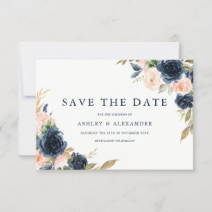 Save The Date Magnifique mariage floral rose et bleu marine