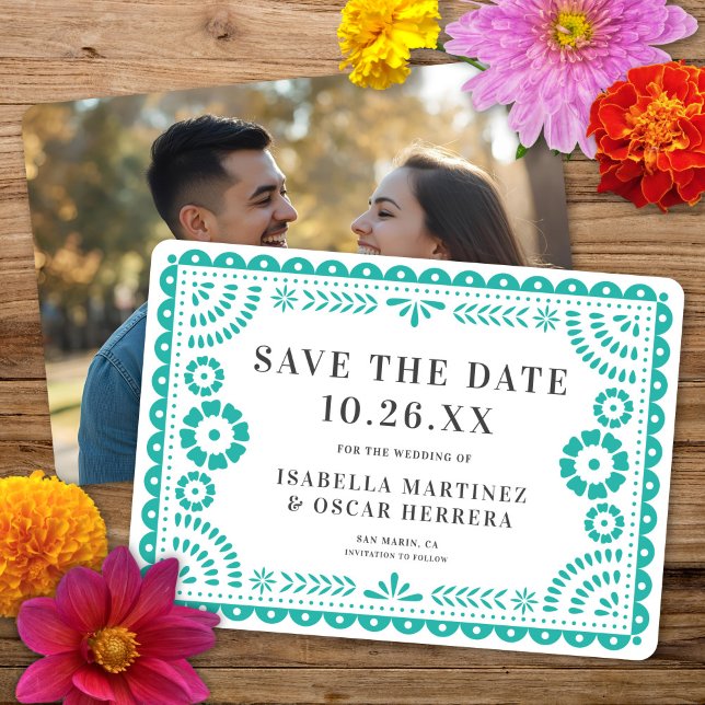 Save The Date Magnifique Ornate Papel Picado Photo Aqua Mariage (Créateur téléchargé)