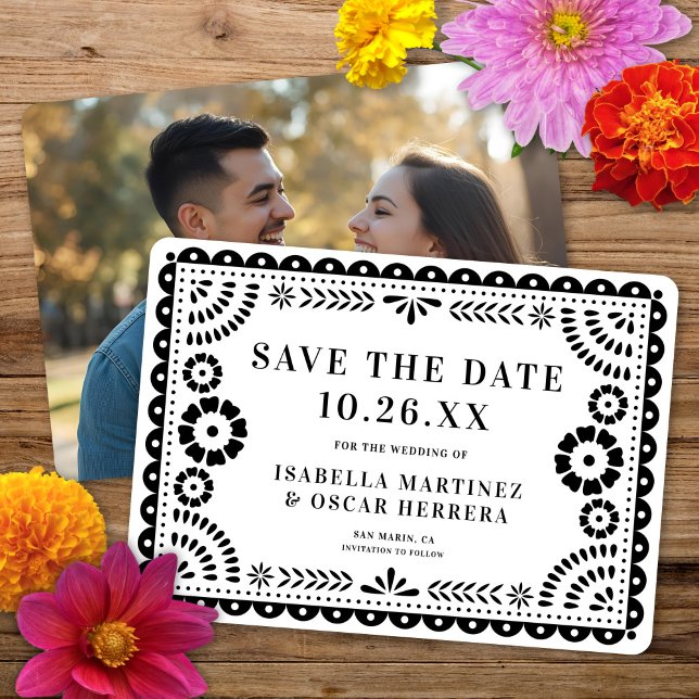 Save The Date Magnifique Ornate Papel Picado Photo B&W Mariage (Créateur téléchargé)
