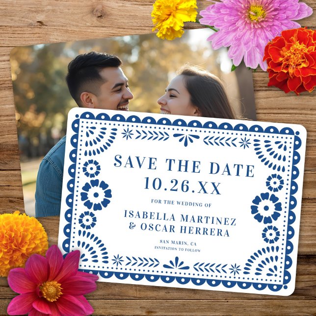 Save The Date Magnifique Ornate Papel Picado Photo Mariage Bleu (Créateur téléchargé)