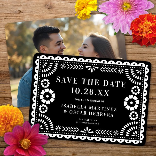 Save The Date Magnifique Ornate Papel Picado Photo Mariage noir (Créateur téléchargé)