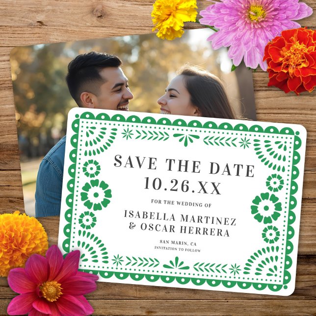 Save The Date Magnifique Ornate Papel Picado Photo Mariage vert (Créateur téléchargé)