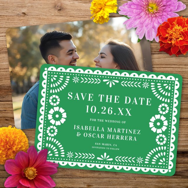 Save The Date Magnifique Ornate Papel Picado Photo Mariage vert (Créateur téléchargé)
