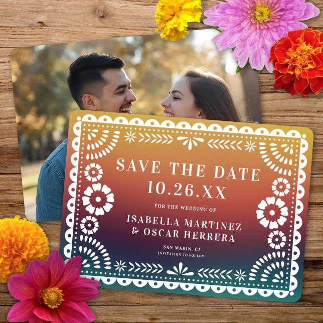 Save The Date Magnifique Papel Picado Photo Coucher de soleil Om (Créateur téléchargé)