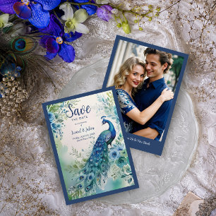 Save The Date Magnifique Photo d'un Paon Bleu à l'Aquarelle TLW2