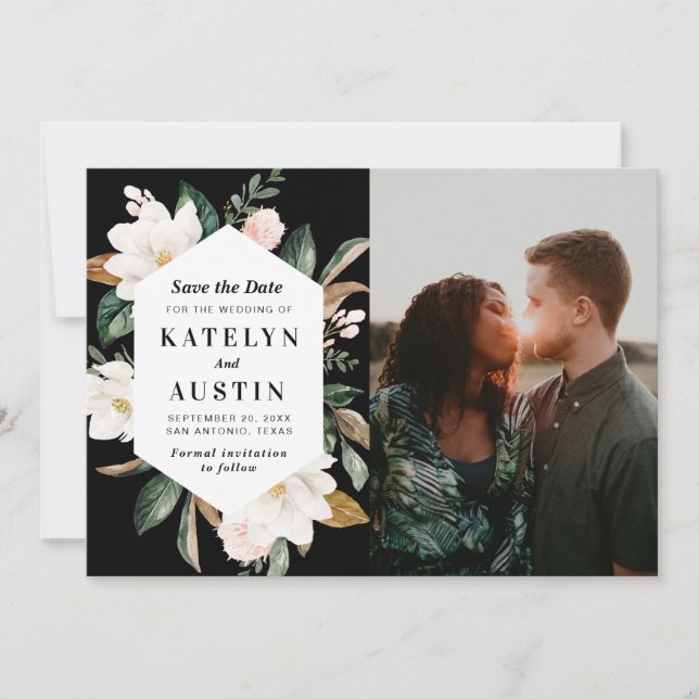 Save The Date magnolia blanc floral moderne photo enregistrer la (Devant)
