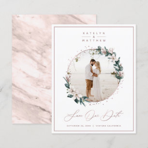 Save The Date Magnolia Floral & Rose Gold Circle photo encadrée