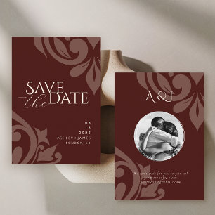 Save The Date Mahogany Red Classic Damask Elegant Mariage photo