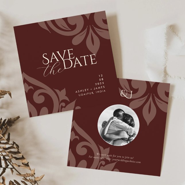 Save The Date Mahogany Red Damask Elegant Classic Photo Mariage (Créateur téléchargé)