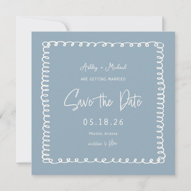 Save The Date Main dessinée Dusty Blue Unique Carré Mariage (Devant)