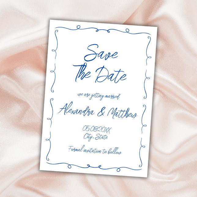 Save The Date Main dessinée Whimsical Blue Funky Mariage (Hand Drawn Whimsical Blue Funky Wedding Save The Date colorful cobalt blue)