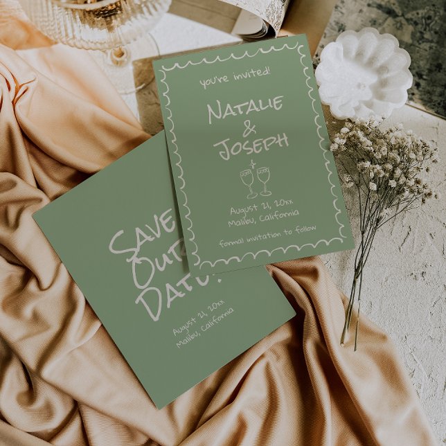 Save The Date Main rétro dessinée Écrite Green Funky Boho Mariag (Créateur téléchargé)