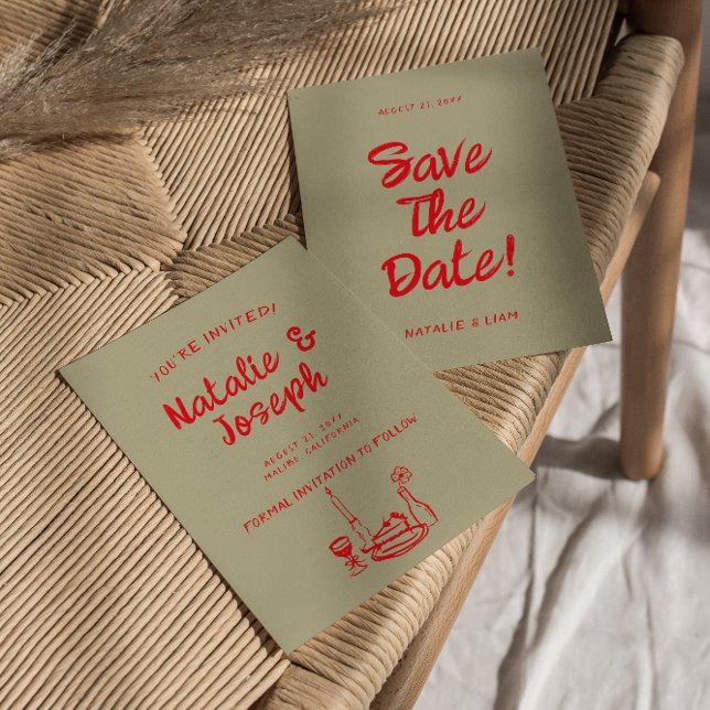Save The Date Main rouge moderne tiré Bold Retro Quirky Mariage (Créateur téléchargé)