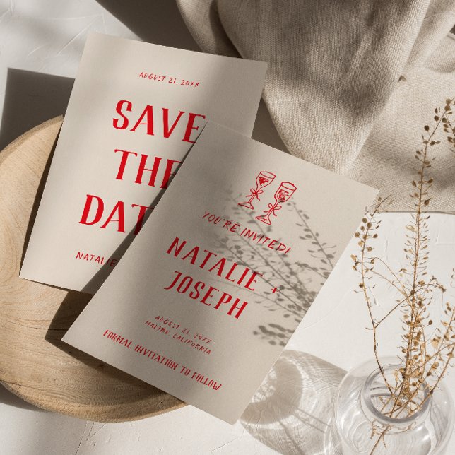 Save The Date Main rouge moderne tiré Rétro Quirky Mariage uniqu (Créateur téléchargé)