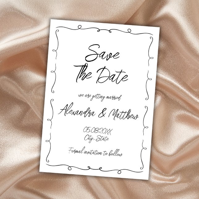 Save The Date Main Tirée Whimsical Noir Et Blanc (hand drawn whimsical black and white wedding save the date card hand lettered funky)