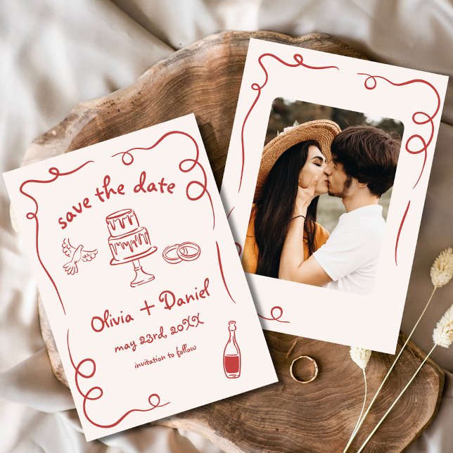 Save The Date Main Whimsical Tirée Mariage Photo Rouge (Créateur téléchargé)