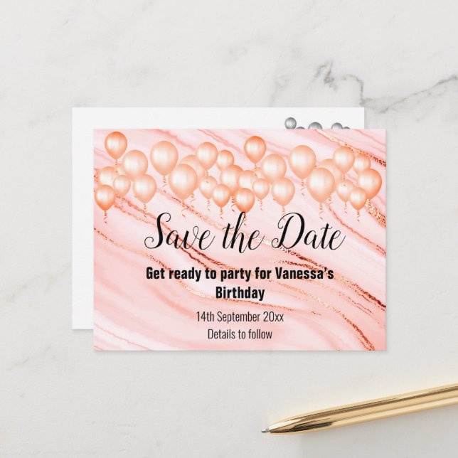 Save the Date Marble Balloon Pink All Occassion Announcement Postcard (Front/Back In Situ)