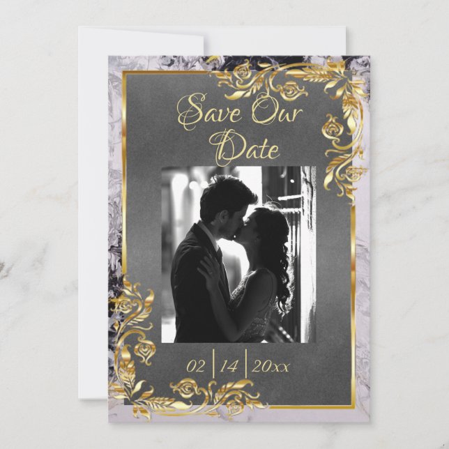 Save The Date Marble & Grey, Gold Frame, Silver Heart (Devant)