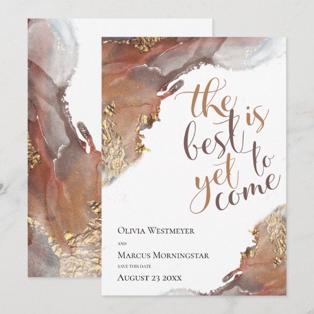 Save the Date Marbled Ink Gold and Bronze Invitation (Front/Back)