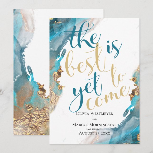 Save the Date Marbled Ink Turquoise and Gold Invitation (Front/Back)