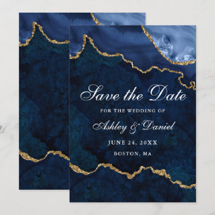 Save The Date Marbre Agate Géode Bleu Aquarelle Or